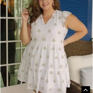 White Tiered V-Neck Dress with tan embroidery